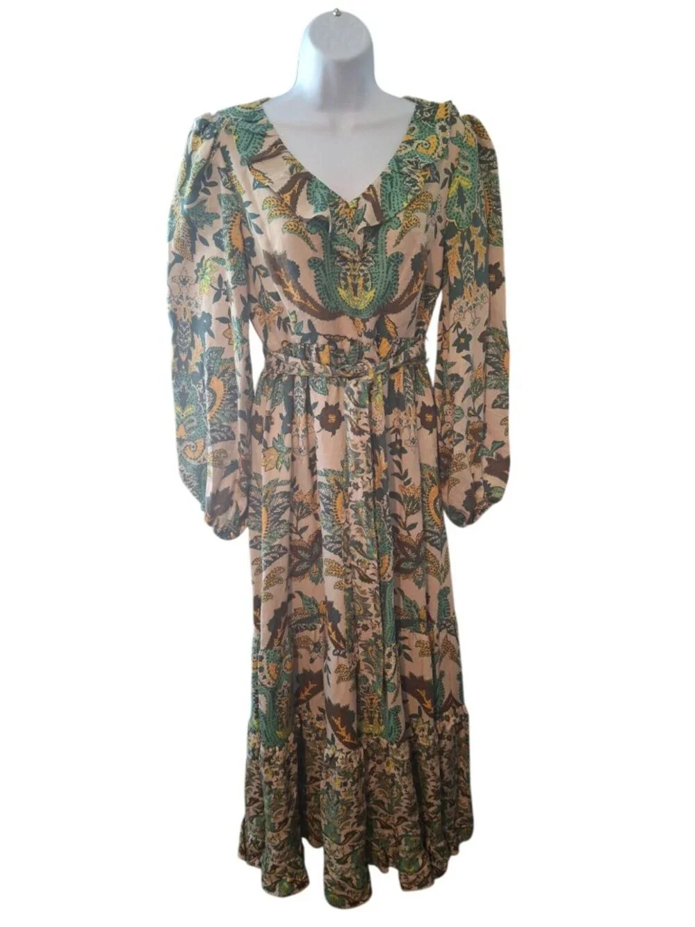 A Loves A Maxi Dress M Paisley Floral Puff Sleeve Boho Cottagecore Belted